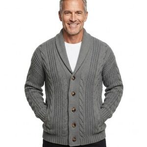Unbranded Cable Knit Cardigan Mens Sz XXL Grey Shawl Collar Button Front PC0884